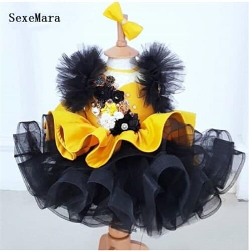 Real Picture Black Tulle Girls Dress Knee Length Puffy Skirt Beaded Flowers Baby Girl First Birthday Dress Baptism Gown 12m 18m