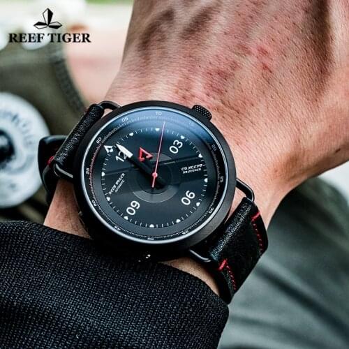 Reef Tiger/RT New Simple Men Mechanical Watch Leather Strap PVD Waterproof Military Watches Automatic Watches