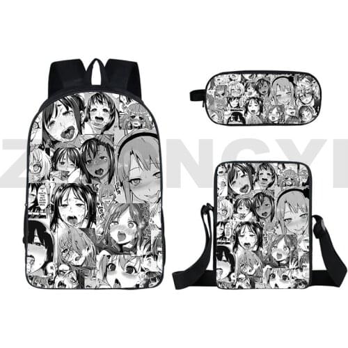 3D Print Ahegao Backpack Hentai (Pencil Case Shoulder Bag) 16 Inch Anime 3 Pcs Set Cute Bookbag Kawaii Bagpack School Bag Women
