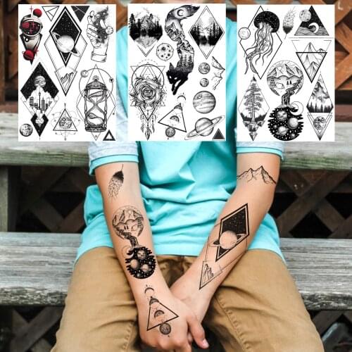 Self Adhesive Space Tattoos Temporary For Women Men Body Art Decoration Realistic Fake Black Geometric Planets Tatoos Paper 3D