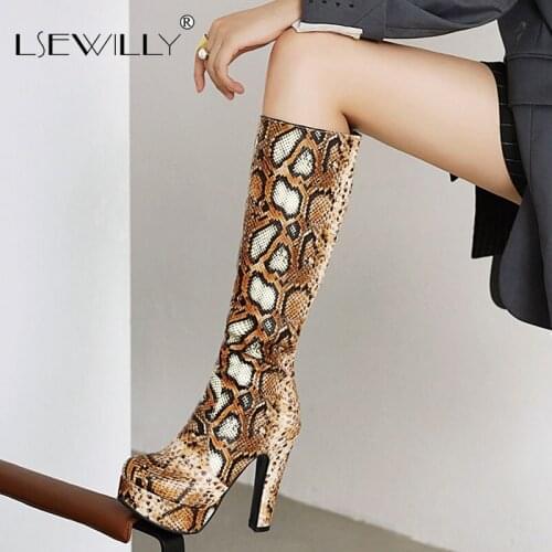 Lsewilly 2020 Fashion Snake Paint Women Knee High Boots Thick High Heel Women Long Boots Autumn Winter Ladies Shoes Big Size