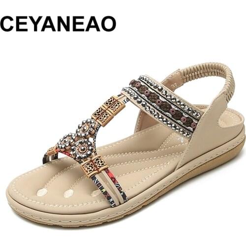 CEYANEAO Womens Sandals Fashion Flower Print Sewing Shoes Rhinestone Design Summer Sandals Soft Paltform Elastic Band Sandals