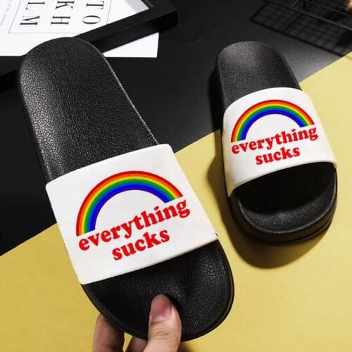2021 Summer Fashion flip flops women Rainbow funny words print Outdoor Indoor Home Non-slip Slides Kawaii Slippers