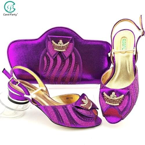 Italian Design 2021 New Arrival African Elegant Magenta Color Party Wedding Ladies Shoes and Bag Decorated With Rhinestone