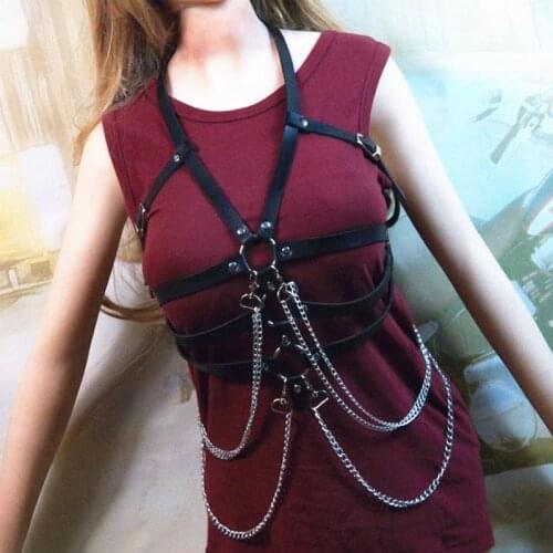 Women Leather Harness Belt Body Bondage Adjust Cage Bra Lingerie Harajuku Goth Dance Party Club Festival Top With Metal Chain
