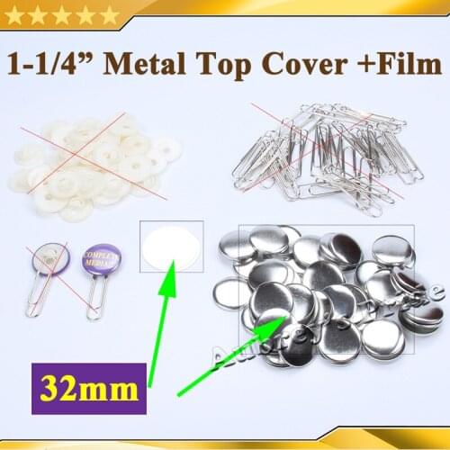 100 Sets 1-1/4" 32mm Round Top Metal Cover and Plastic Film Mylar Metal Paper Button Supply Materials