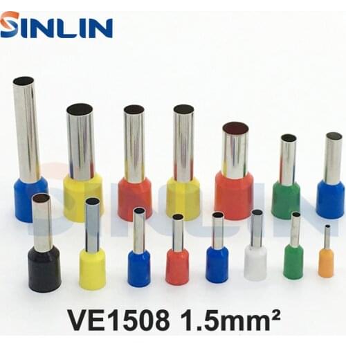 1000pcs/lot Crimp Terminal VE1508 tube pre insulating terminal Bootlace Ferrules AWG16 1.5mm^2 Brass Lead length 8mm