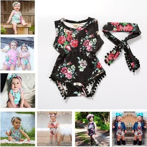 2021 Baby Summer Clothing Infant Newborn Baby Girls Elastic Waist Slim Bodysuits Flowers Tassels Jumpsuits + Headband