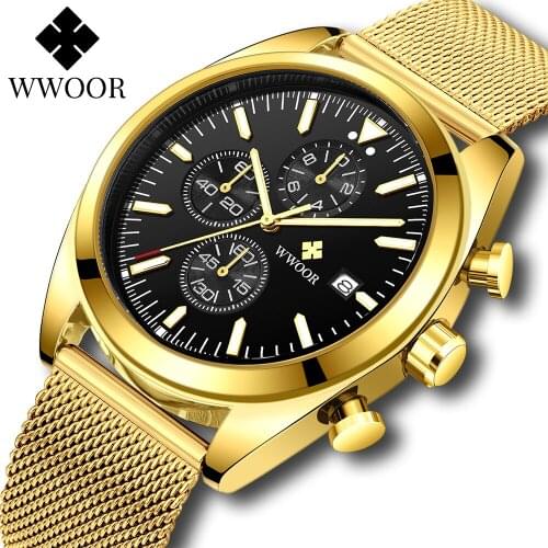 2021 WWOOR Fashion Sports Multifunction Watches Men Luxury Brand Gold Steel Mesh Quartz Clock Waterproof Chronograph Wrist Watch