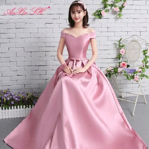 AXJFU pink bow evening dresses new style spring Satin pink boat neck evening dress long princess sisters dress