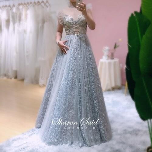 Glitter Sequin Silver Evening Dress A-line High Neck Crystal Arabic Formal Party Gowns Elegant Women Wedding Engagement Dresses