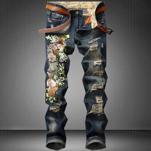 New Mens Straight Trousers Jeans Pencil Pants Tigger Embroidery Stylish Holes Ripped Pants J29