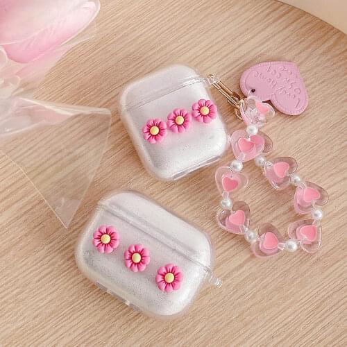 For Airpods 2 Case Cute Flowers Heart Keychain Soft Earphone Case For Apple Air Pods Pro 3 1 Glitter Headphone Accessories Cover