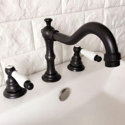 Black Oil Rubbed Bronze Double Handles 3 Holes Install Widespread Deck Mounted Bathroom Sink Basin Faucet Sink Mixer Tap mhg065