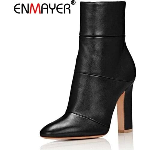 ENMAYER Brand Women Ankle Boots 2020 Pointed Toe 4.75 Inches Chunky High Heels Black Gray Gold White Shoes US Size 5-15 CR481