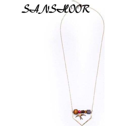 SANSHOOR Geometric Bead Wooden Long Chain Necklace Handmade Irregular Shape Simple Gold Alloy Wooden Bead Necklace For Female