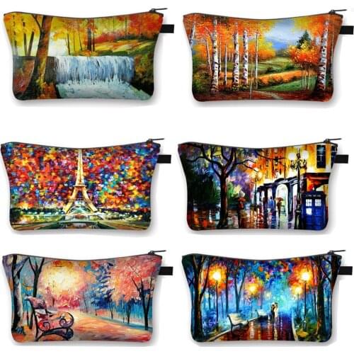 Oil Painting Landscape Cosmetic Bag Vintage Women Makeup Bag Ladies Storage Bags for Travel Female Cosmetic Case Organizers