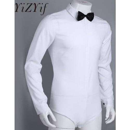 YiZYiF latin dance Mens Long Sleeve Zipper Solid Color Latin Modern Dance Shirt with Bowtie One-piece Romper Shirt Dance Costume