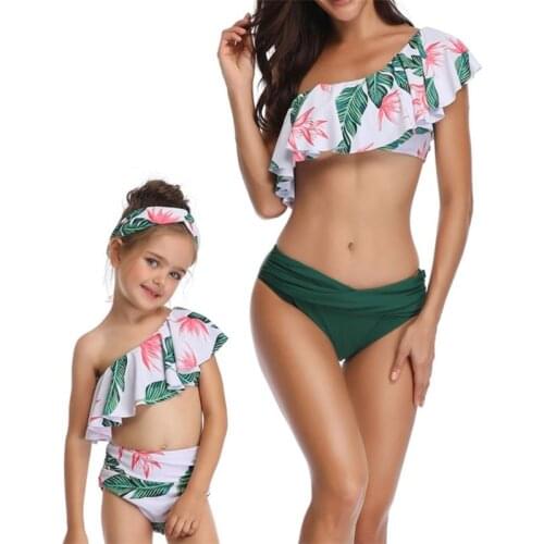 NEW Fashion Mommy and Me Swimsuit Floral Print Family Matching Swimwear Off-shoulder Bikini Elastic Waist Panties for Women Girl