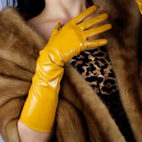 40cm Patent Leather Gloves Long Section Warm PU Emulation Leather Mirror Bright Leather Yellow Egg Yolk Ginger Yellow PU33-40