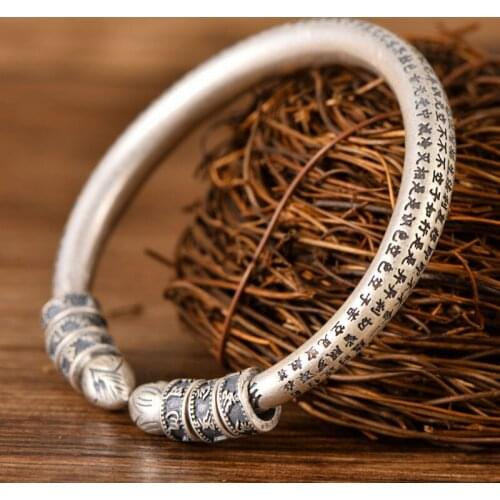 MeibaPJ Real S999 Sterling Silver Retro Six Character Mantra Heart Sutra Opening Rough Bracelet Exquisite Party Jewelry