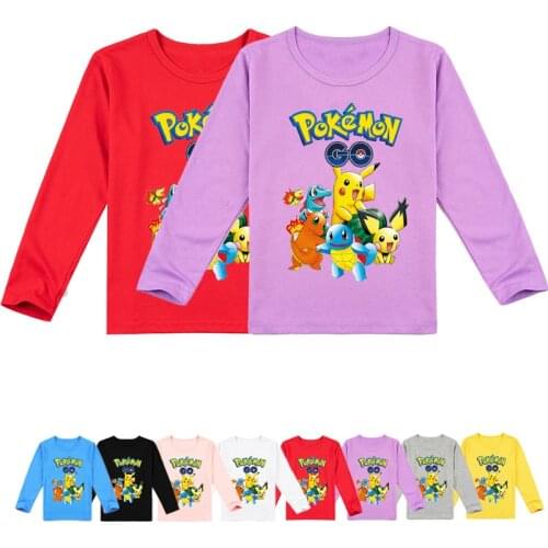 Pokemon Cartoon Print Boy Girl Cute Pikachu Spring Autumn Winter Round Neck Pullover Long Sleeve T-shirt Bottoming Shirt