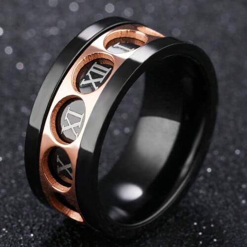 Unisex Titanium Steel Band Ring Rotatable Roman Numerals Black and Rose Gold Spinner Rings Mens Fathers Day Birthday Jewellery