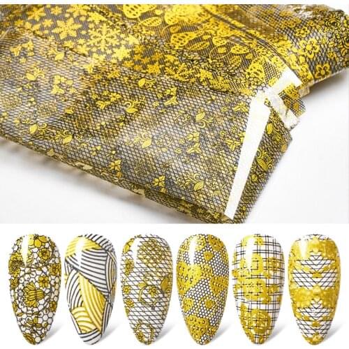 Black Lace Nail Art Transfer Foils Holographic Flowers Designs Nail Stickers Decal Wraps Decoration Manicure