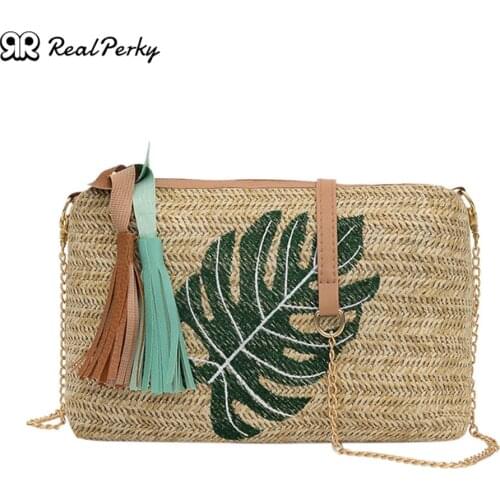 Fringed Pineapple Leaf Pattern Beach Shoulder Straw Bag for Women Seaside Vacation Messenger Purses and Handbags