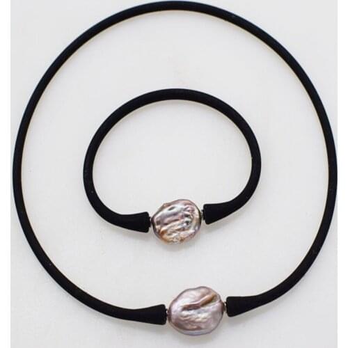 Freshwater pearl reborn keshi purple flat oval and silicone necklace bracelet 40cm 19cm