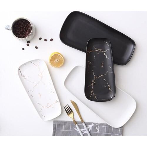 Nordic Marble Matte Ceramic Long Western Steak Plate Simple Home Hotel Restaurant Sushi Breakfast Dessert Fruit Plate Tableware