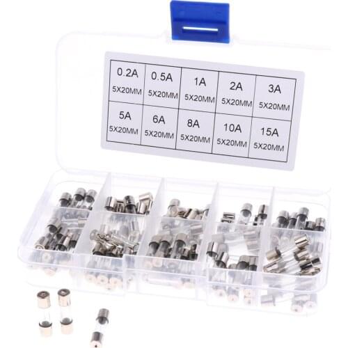 100Pcs Quick Blow Glass Tube Fuses Assorted Kit 0.2/0.5/1/2/3/5/6/8/10/15A