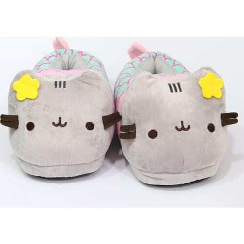 Cartoon Unisex Mermaid Cat Slippers Warm Winter Slides Soft Plush Doll Indoor Cute Anime Bedroom Shoes For Man Woman Home Use