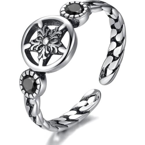 Pentagram Star Black Cubic Zirconia Vintage Adjustable Thai Silver Color Ring For Women Mens Trendy Tibetan Jewelry