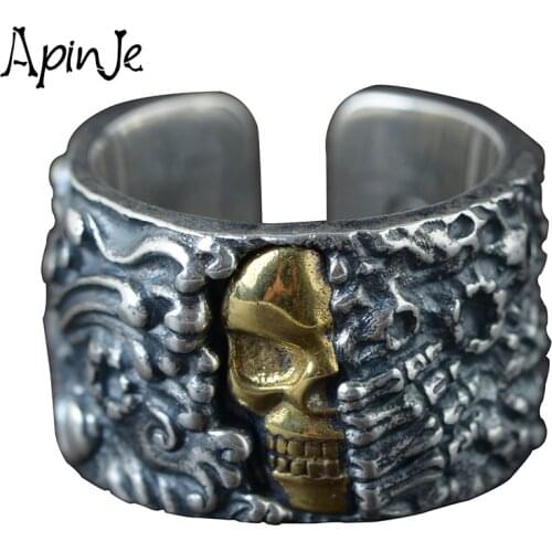 Apinje Vintage 990 Pure Silver Ring for Men Brass Skull Silver Ring Fashion Jewelry
