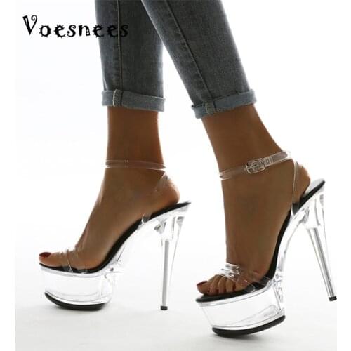 Voesnees 2021New Womens Shoes Transparent Crystal Heel Waterproof Platform Buckle Sandals Summer Fashion Pole Dance High Heels