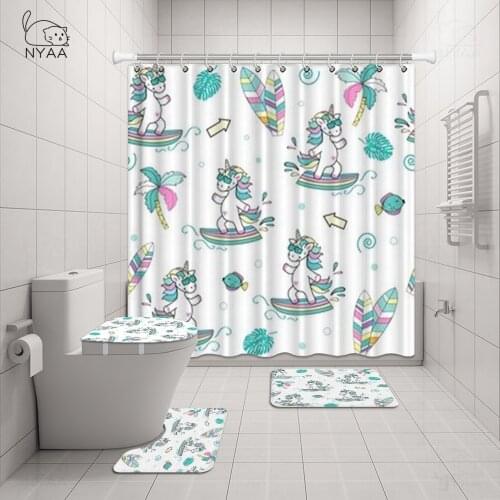 NYAA Cute Unicorn Shower Curtain Ocean Landscape Vacation Surfing Bathroom Curtain Set for Toilet Kid Room Rug Carpet Mat Decor