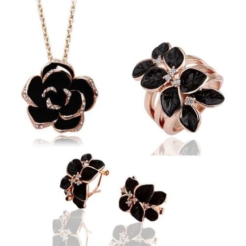 Rose Gold Womens Jewelry Sets Camellia Flower Pendant Necklace Earrings Crystal Rings for Party Anniversary Charm Jewelry