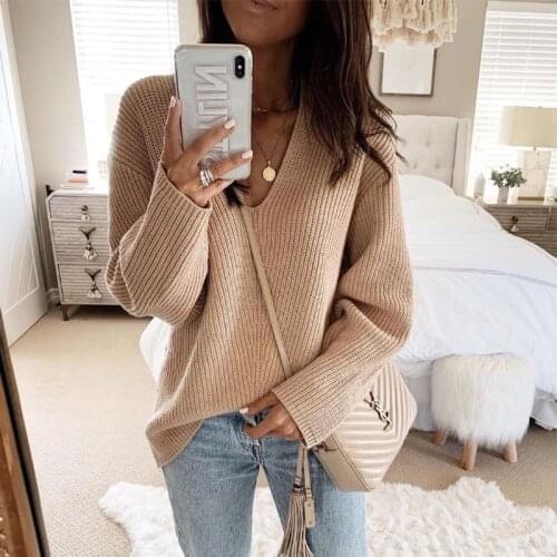 Foridol V Neck Knitted Casual Office Ladies Pullovers Jumper Loose Oversized Khaki Autumn Winter Thick Sweater Women 2021