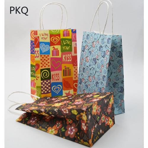 30pcs Festival Gift Kraft Bag Flower Printed Gift Bags DIY Multifunction Recyclable Paper Bag With Handles