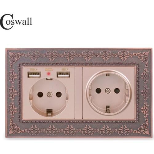 COSWALL Double Russia Spain EU Standard Wall Socket With 2 USB Charge Port Hidden Soft LED Indicator Vintage Zinc Alloy Frame