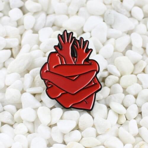 Personality red Many hands Embrace Hug yourself Form heart shape Enamel brooch Cowboy leather creative cartoon badge