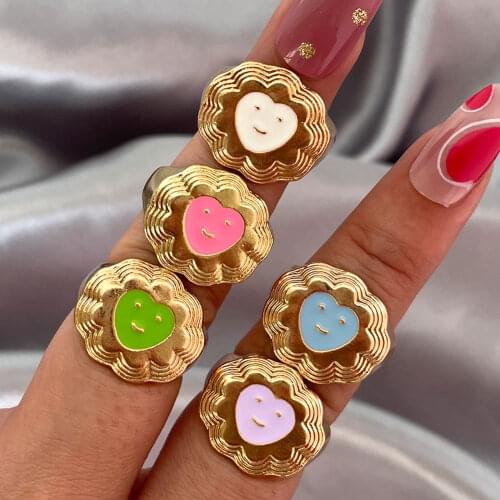 JUST FEEL Smile Rings Enamel Thick Ring for Women Size Luxury Spring Fine Lucky Jewelry Heart Flower Rings Birthday Party Gift