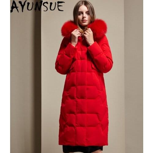 AYUNSUE Womens Winter Down Jacket Woman Hooded Real Fox Fur 90% White Duck Down Coat Female Puffer Jacket Long Thick Warm Parka