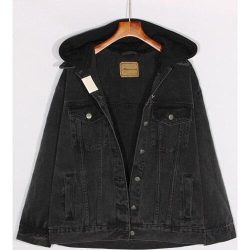 Autumn Plus size Removable Hooded Black Denim jacket Women Vintage Letter embroidery Loose Bat sleeve Bomber coat Chaqueta mujer