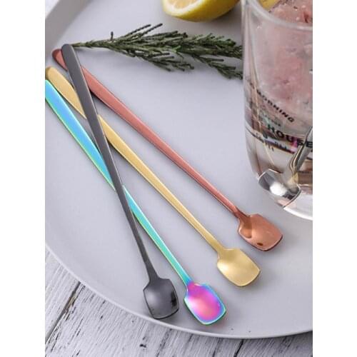 Stainless Steel Coffee Ice Spoon Square Head Color Long Handle Coffee Milk Tea Mixing Spoon Square Ice Spoon Mark Cup Spoon