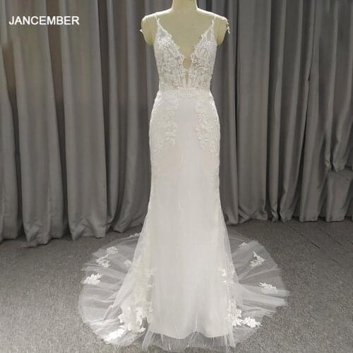 LSQX02 White Transparent Lace V-neck Spaghetti Strap Applique Print Pattern Sexy Backless Fishtail Bridal Gown свадебное платье