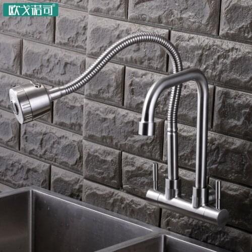 Wall mounted double handle double water head kitchen sink faucet wall taps