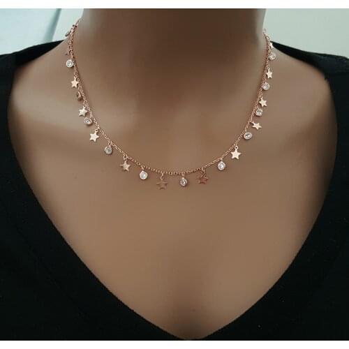 Rose Gold Plated 925 Silver Minimalist Disc Star Cz Diamond Necklace Choker