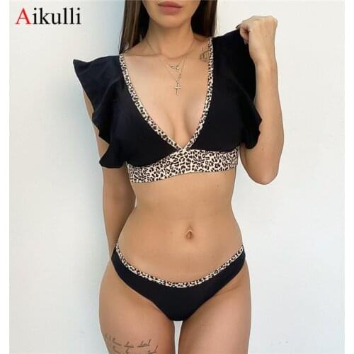 Sexy Leopard Stitching Bikini Set Swimsuit Women Ruffled V-neck Swimwear 2021 New Summer Beachwear Female Bathing Suit Swimming